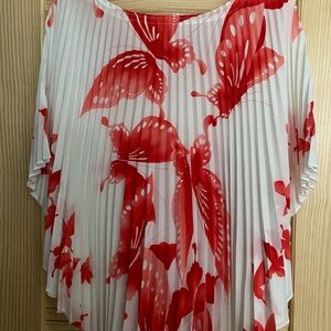 Red and White Butterfly Print Pleated Tunic Coverup